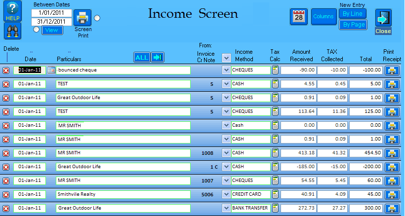 Sample View of Income Screen - simple and easy to use and understand