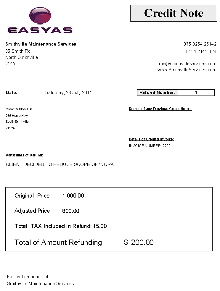 Sample Credit Note Includes Gst Sales Tax Refund Amount EasyAs 